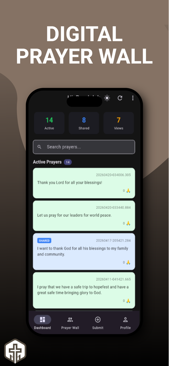 PrayerConnect app dashboard in dark mode with active and shared prayers