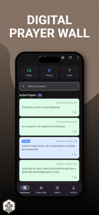 PrayerConnect app dashboard in dark mode with active and shared prayers